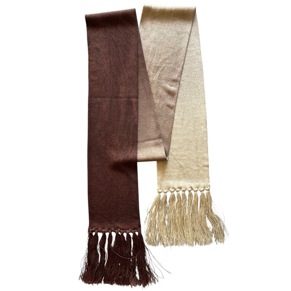 VINTAGE SCARF 80s Ombre 3-tone Tan Brown and Cream Knit Jersey w Fringe - Picture 4 of 15